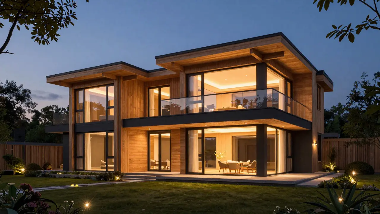 Moderní energeticky úsporná dřevostavba v podvečer s vnitřním osvětlením.