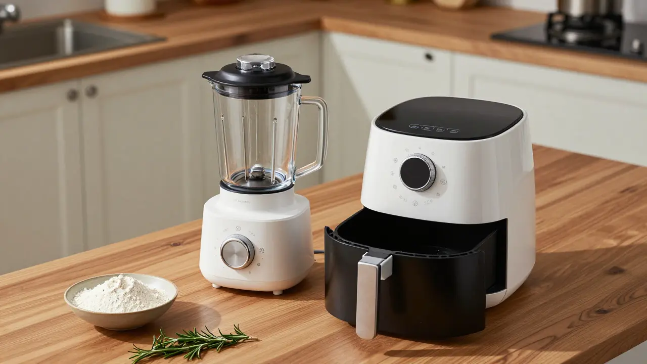 Multifunkční planetární mixér a horkovzdušná fritéza na dřevěné kuchyňské desce.