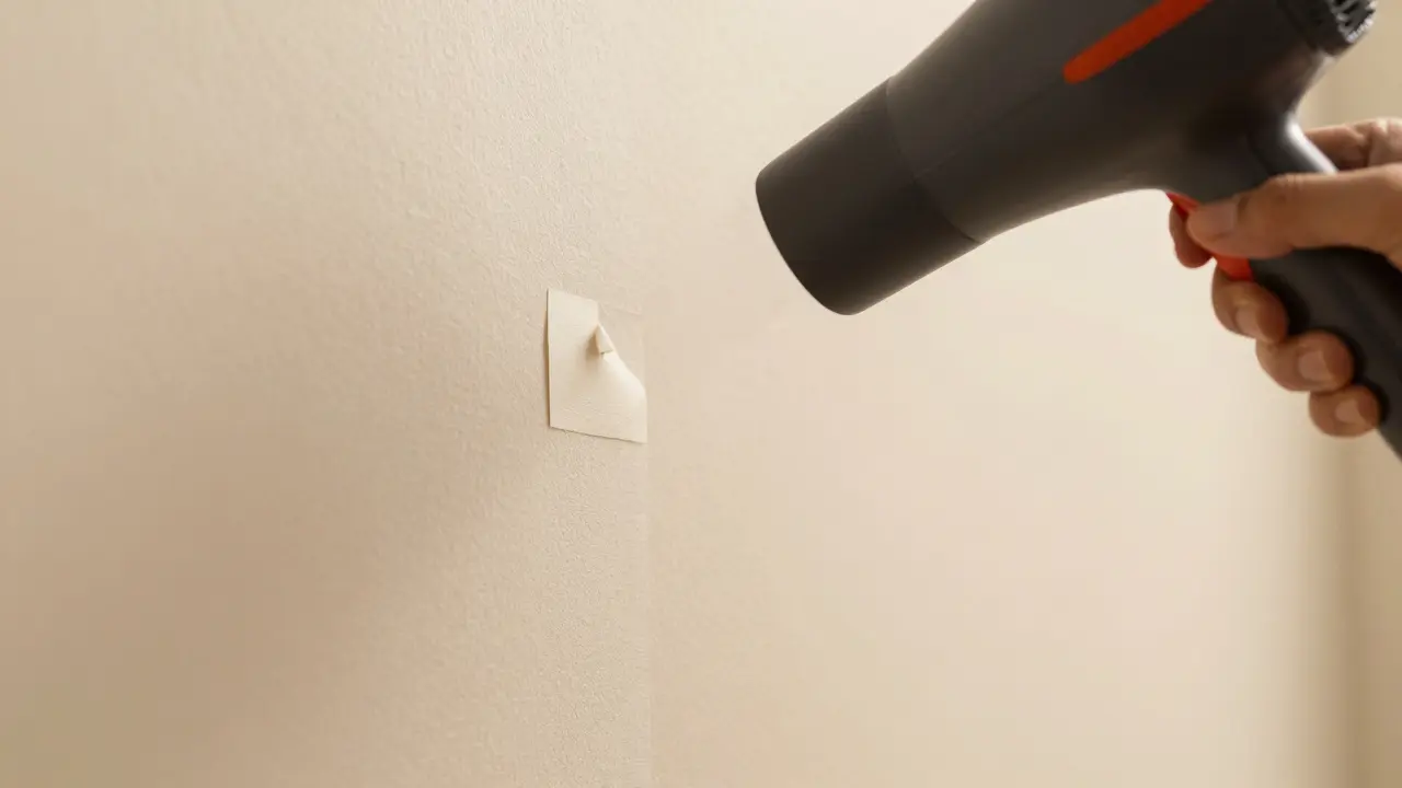 Odstranění samolepicí tapety ze stěny pomocí fénu na vlasy.
