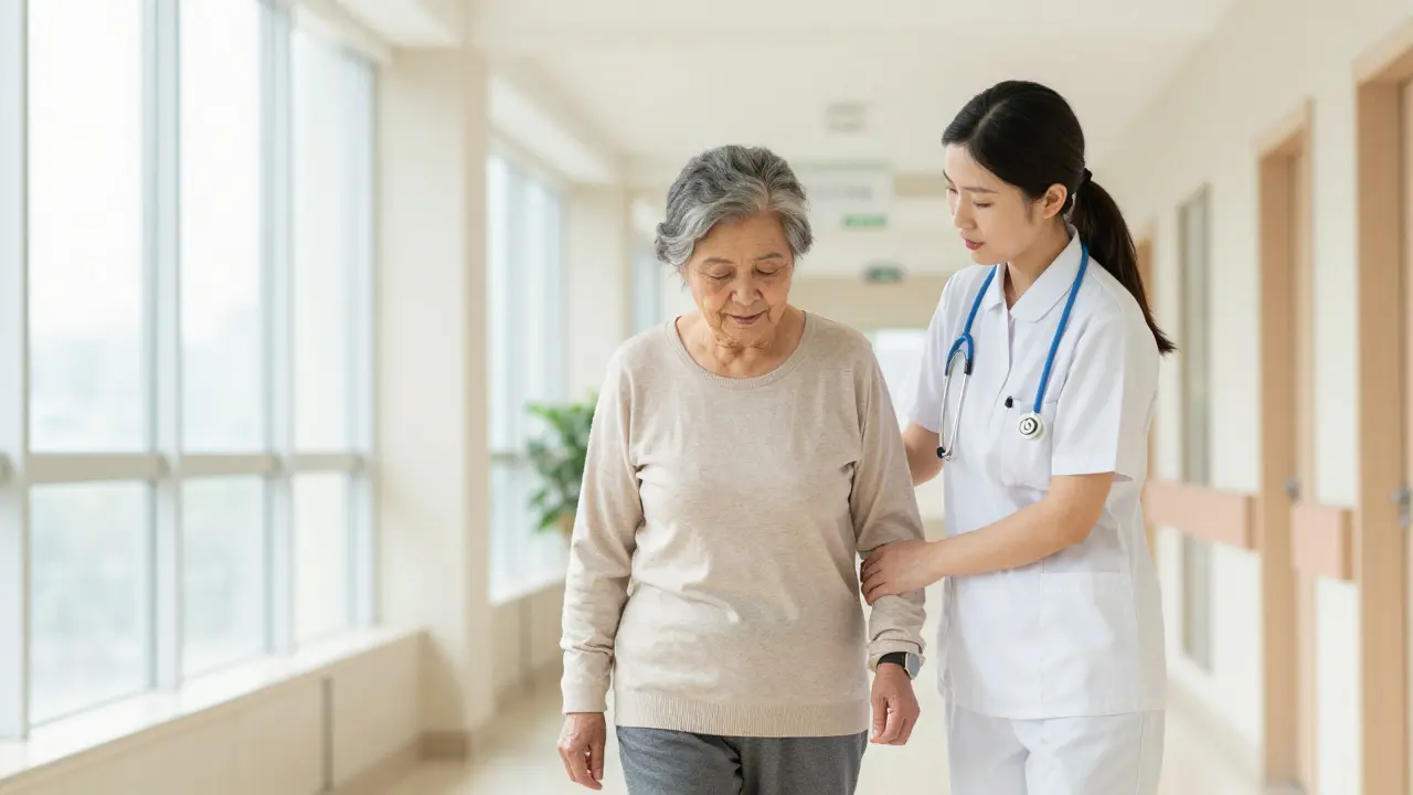 Ošetřovatelka pomáhá staršímu pacientovi při chůzi