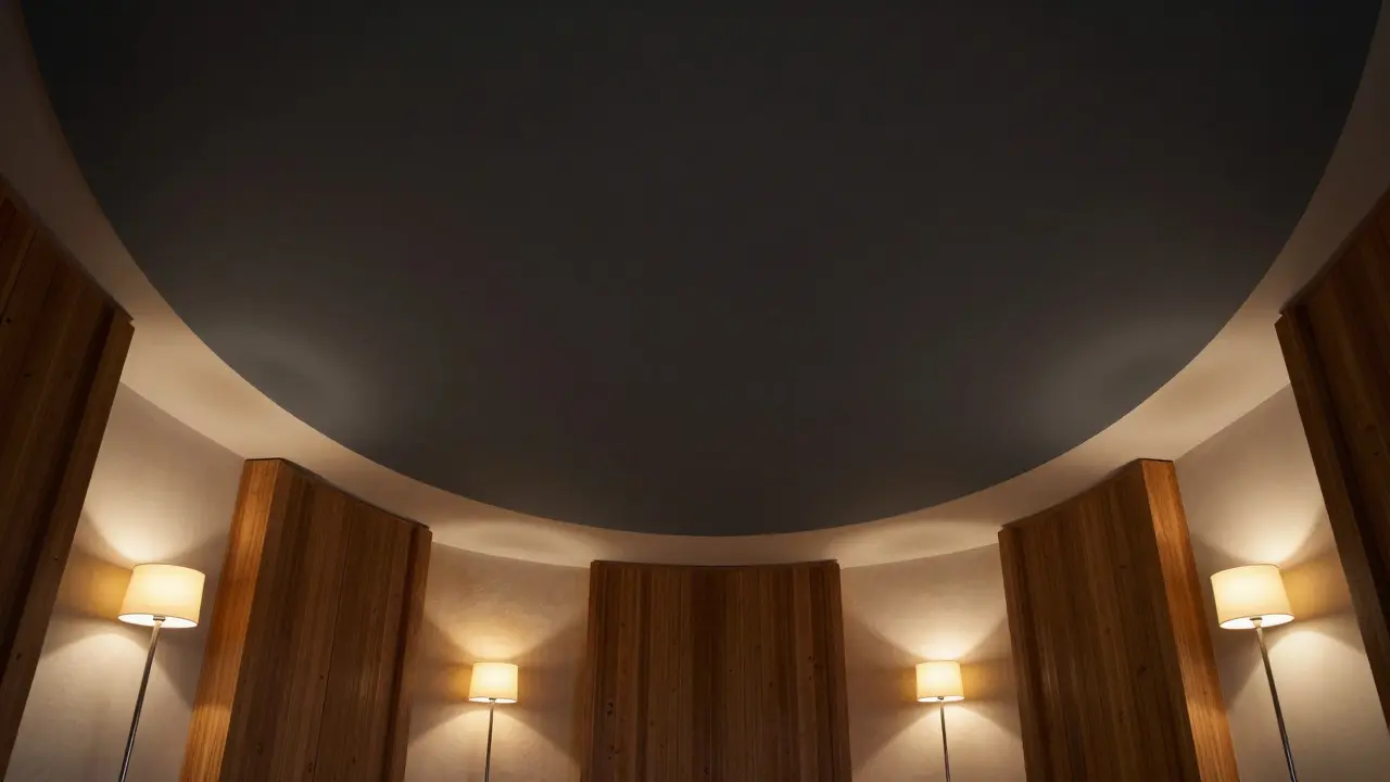 Prostorná místnost s tmavě antracitovým stropem pro pocit útulnosti.