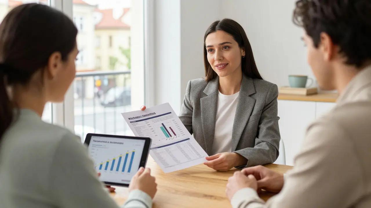 Realitní makléř prezentuje prodejní plán a analýzu ceny klientovi.