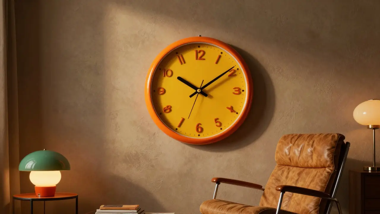 Retro designové hodiny v sytých barvách v interiéru ve stylu mid-century modern.