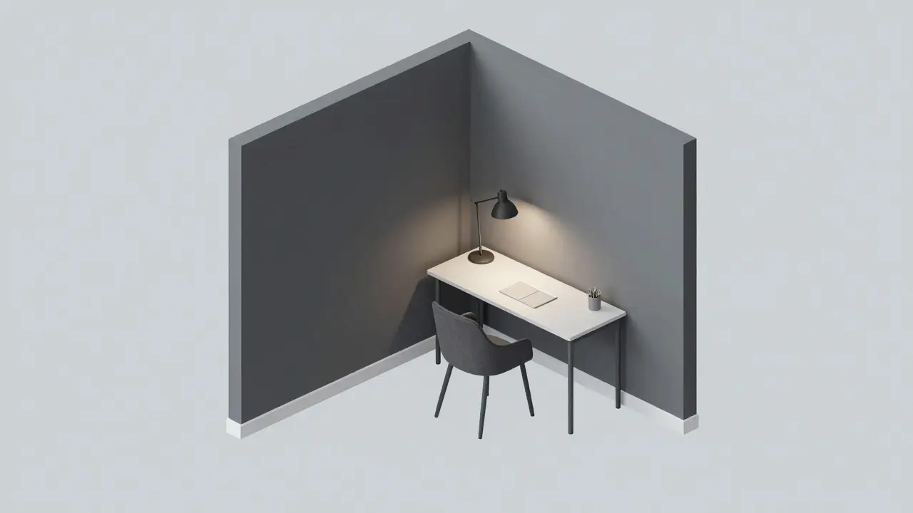 Studio byt s využitím různých odstínů šedé k optickému oddělení pracovní zóny.