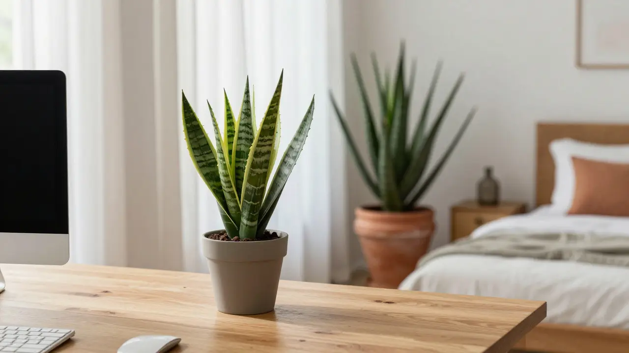 Světlá pracovna a ložnice s čistícími rostlinami v terakotových květáčích.