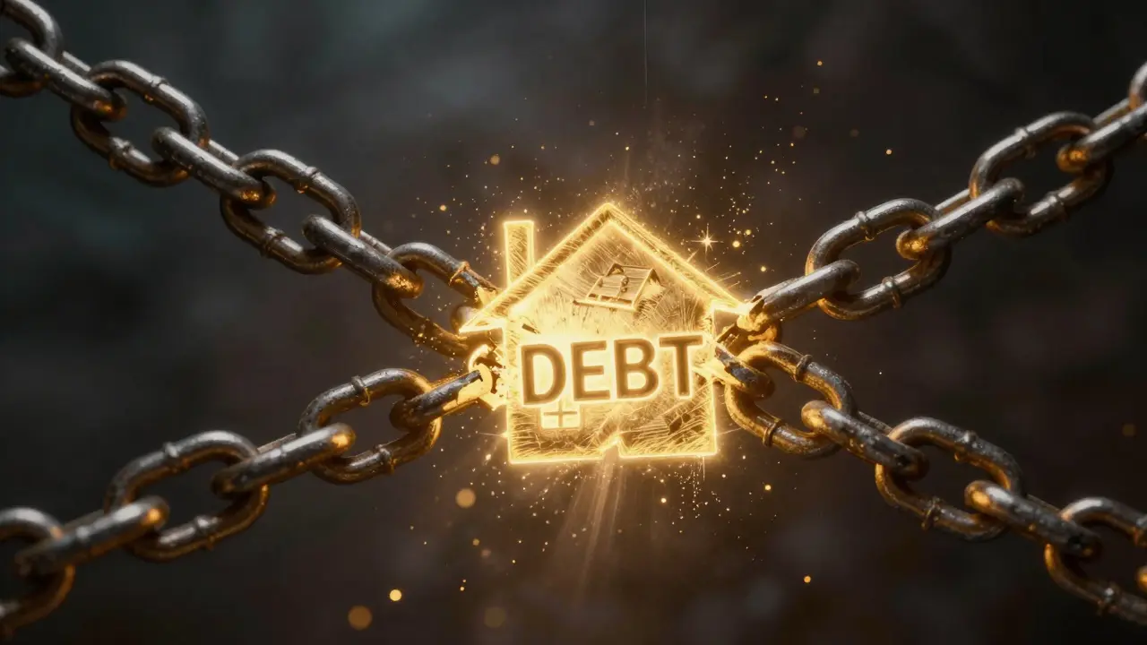 Symbolické rozbití řetězu znázornující zbavení se dluhů