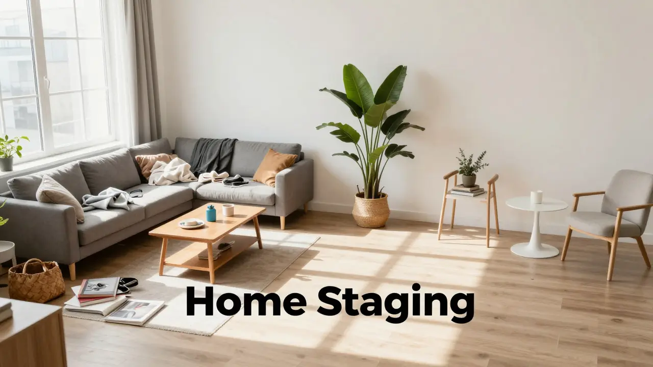 Ukázka home stagingu: přechod od neupraveného k profesionálně stylizovanému interiéru.