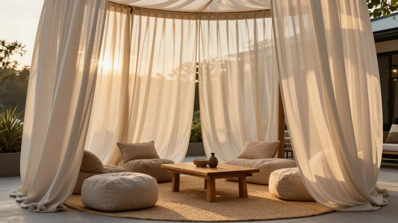 Útulná terasa s béžovými outdoorovými závěsy, kobercem a vodoodolnými poufy.