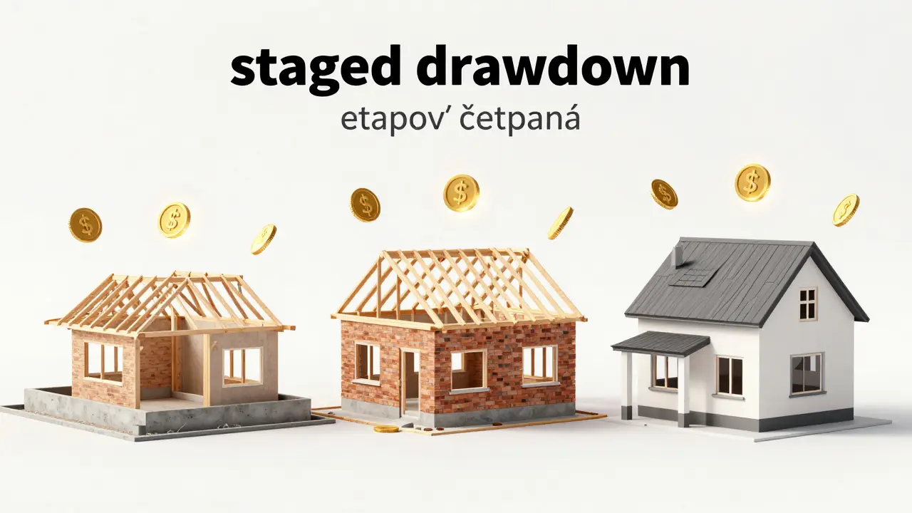Vizualizace etapového čerpání hypotéky při postupném růstu domu.