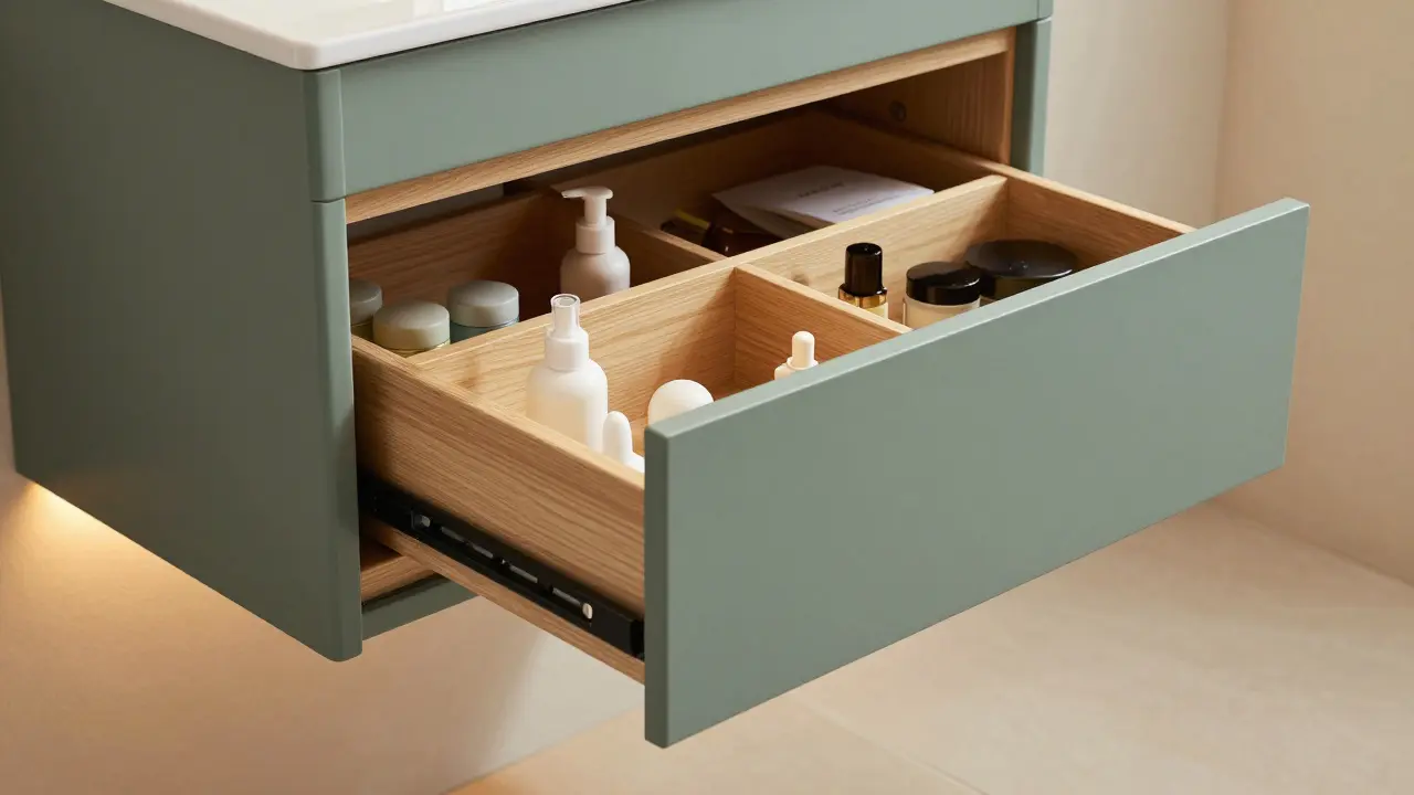 Závěsná zelená skříňka s otevřenou zásuvkou a organizéry na kosmetiku.