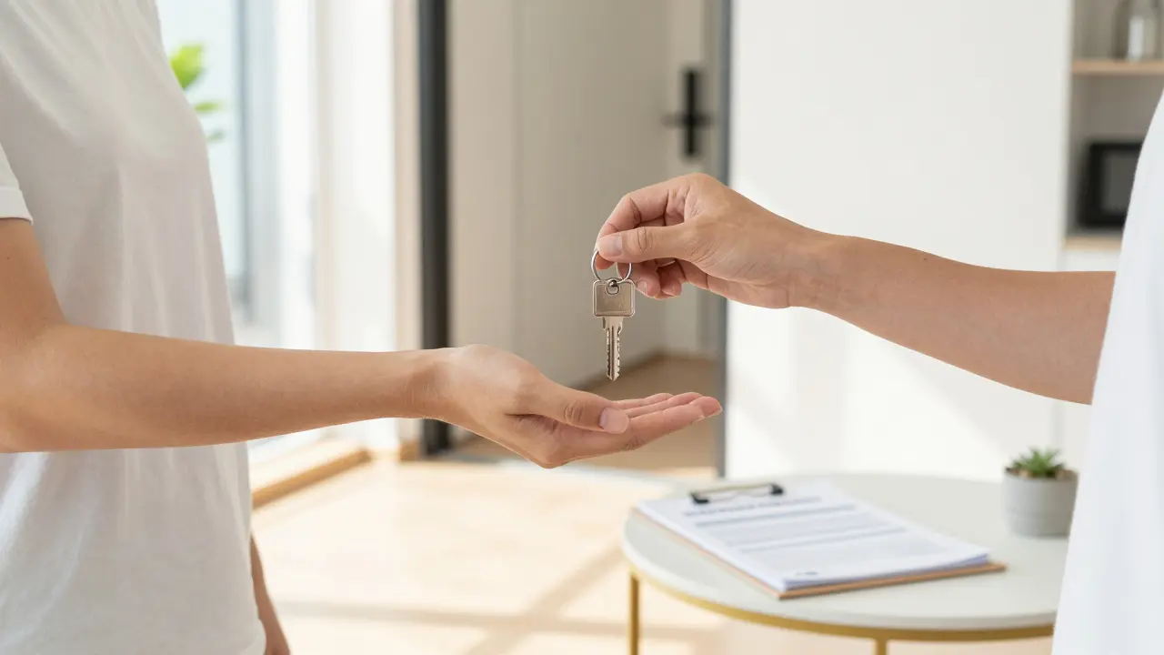 Zblízka předání klíčů od bytu novému majiteli v moderním interiéru.