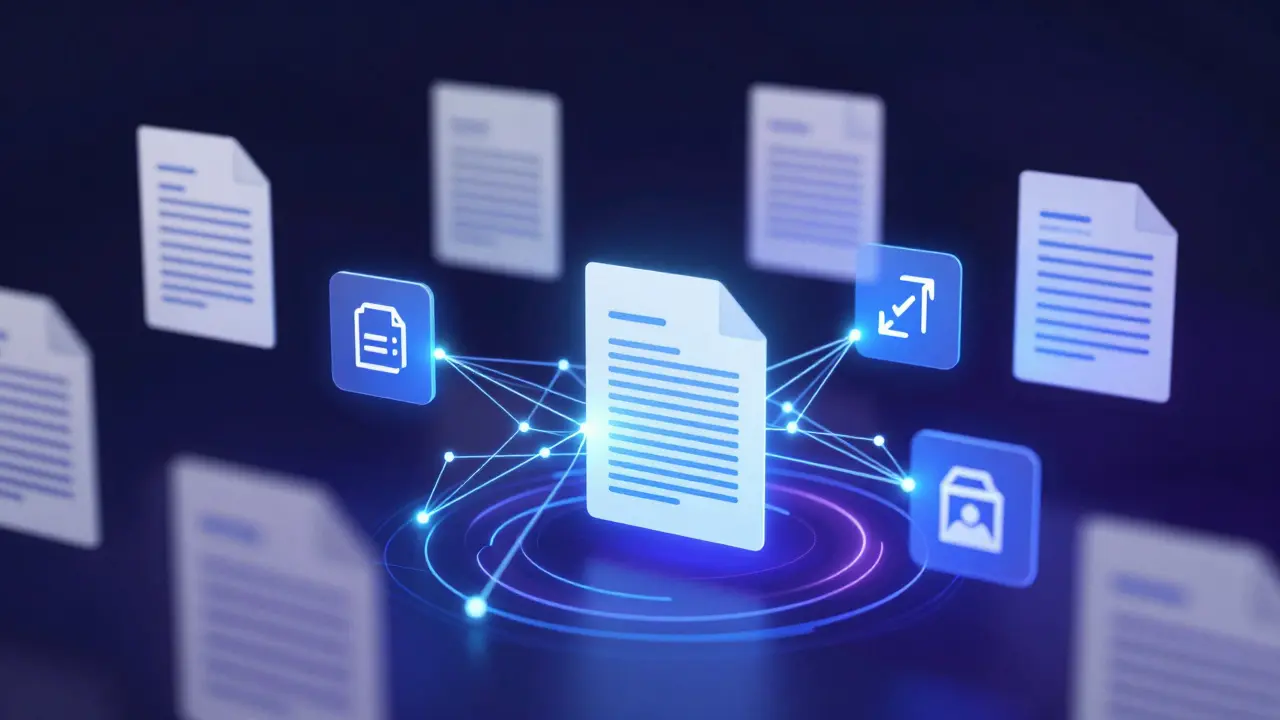 Abstraktní vizualizace AI řídící digitální dokumenty a metadata v cloudovém archivu.