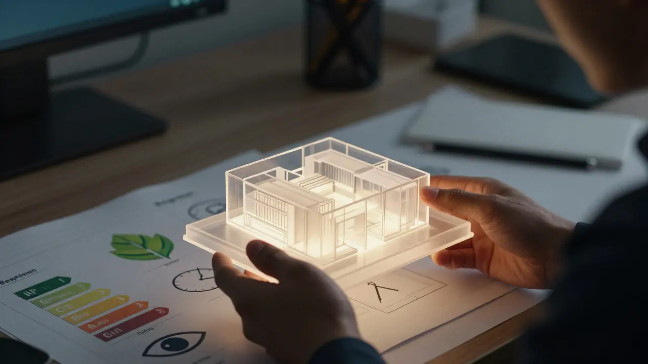 Designér drží architektonický model, symbolizující strategické rozhodování v tendru.