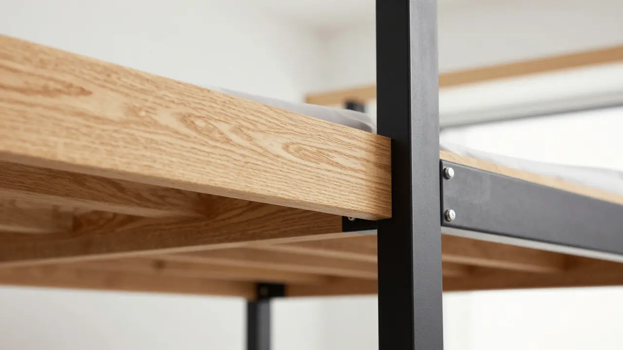 Detail dřevěných a kovových konstrukcí pro loftové lůžko