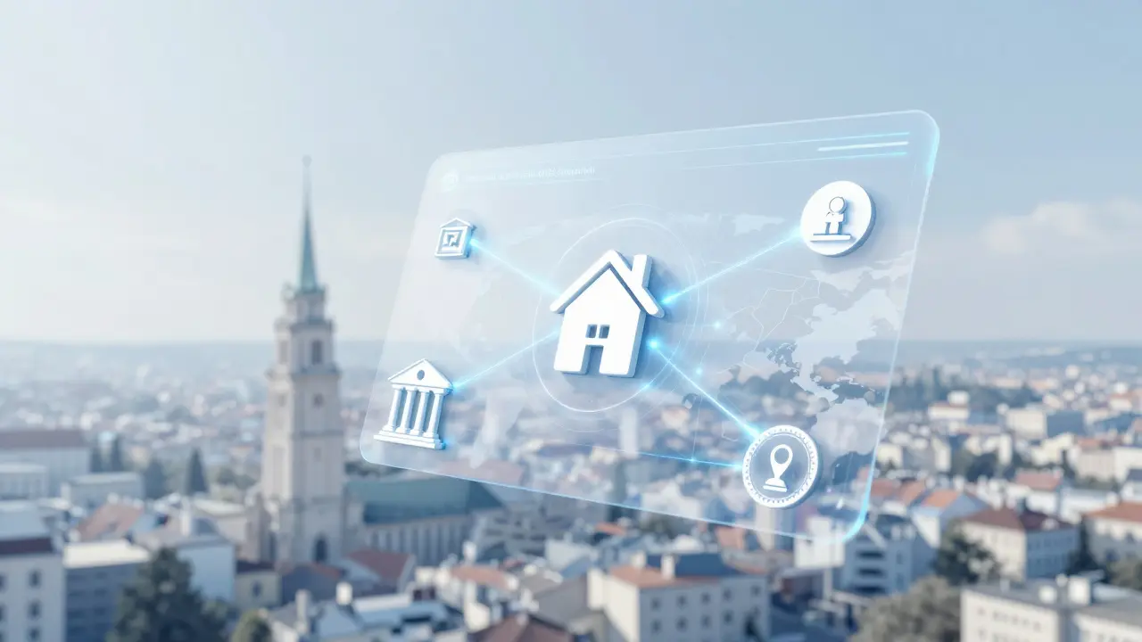 Digitální propojení banky, katastru a nemovitosti ve futuristickém grafickém stylu