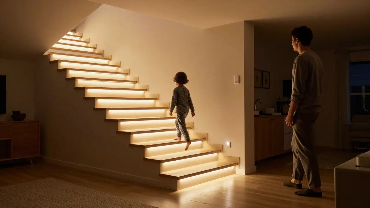 Dítě bezpečně sestupuje po osvětleném schodišti