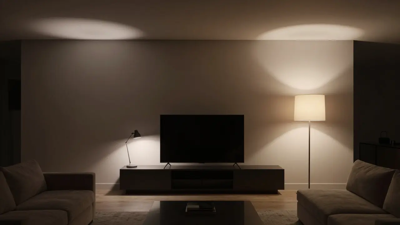 Moderní obývák demonstrující vrstvení světel a různé zóny osvětlení.