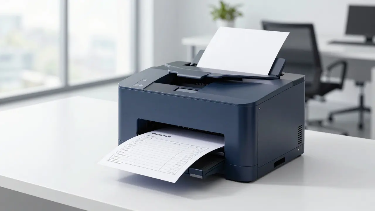 Moderní skener s automatickým podavačem zpracovává faktury v čistém kancelářském prostředí.