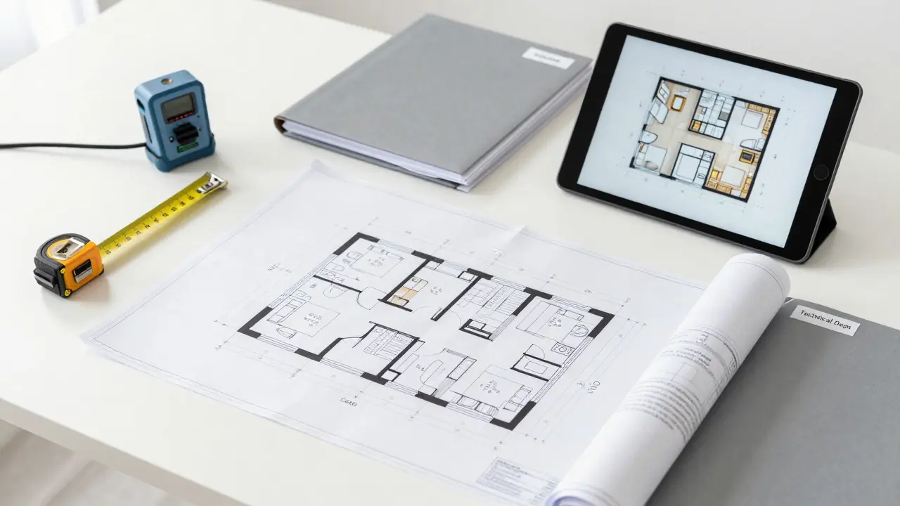 Plány, měřicí přístroje a tablet na stole připravené pro projekt