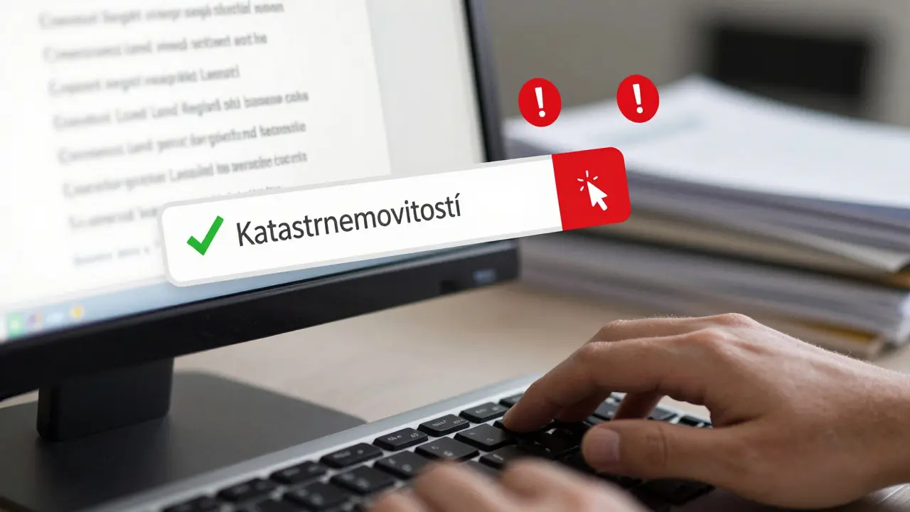 Ruce kontrolující údaje v katastru nemovitostí na počítači