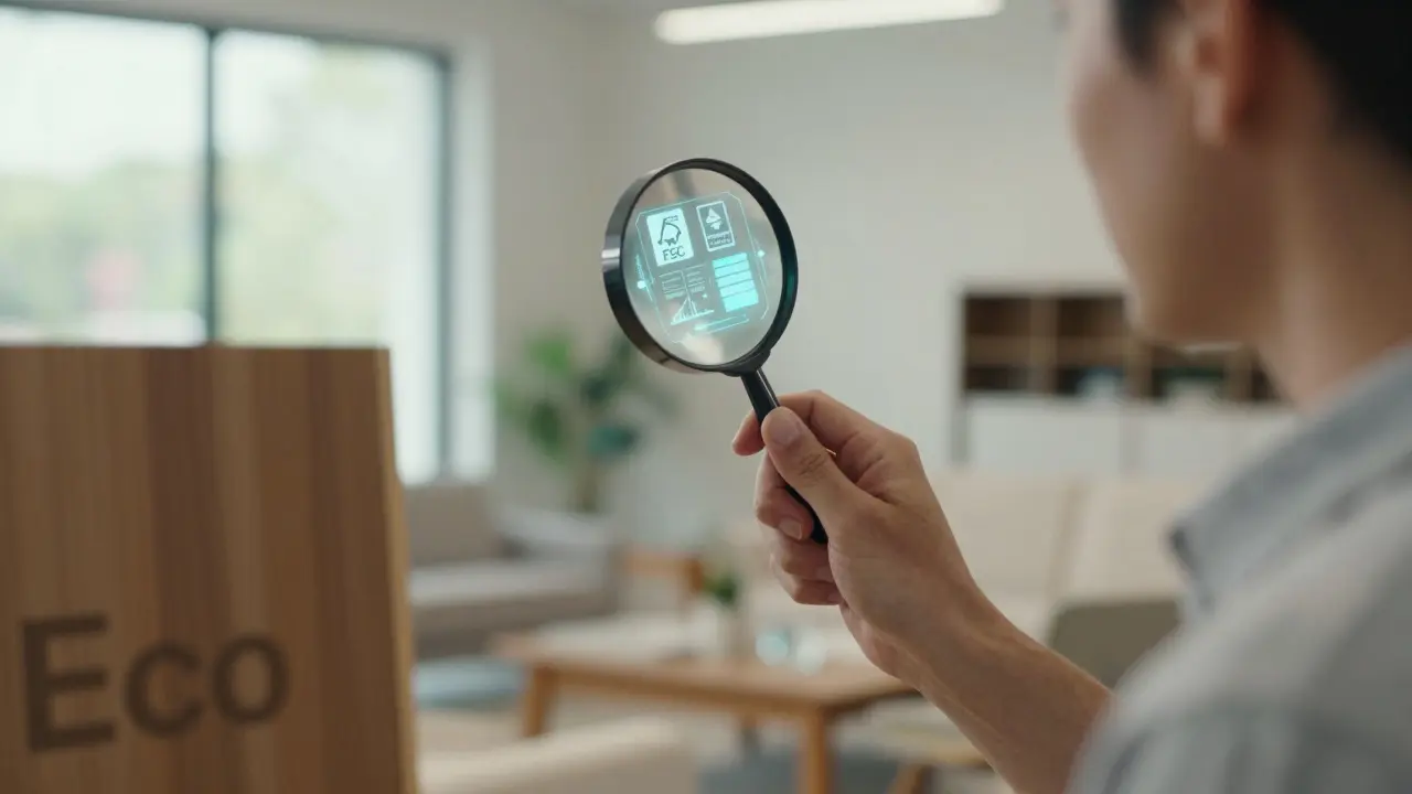 Spotřebitel ověřující certifikace nábytku pomocí lupy