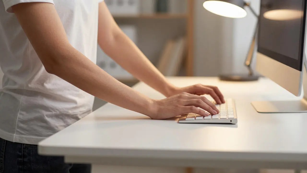 Správná ergonomická poloha u výškově nastavitelného stolu pro zdraví zad a loktů.