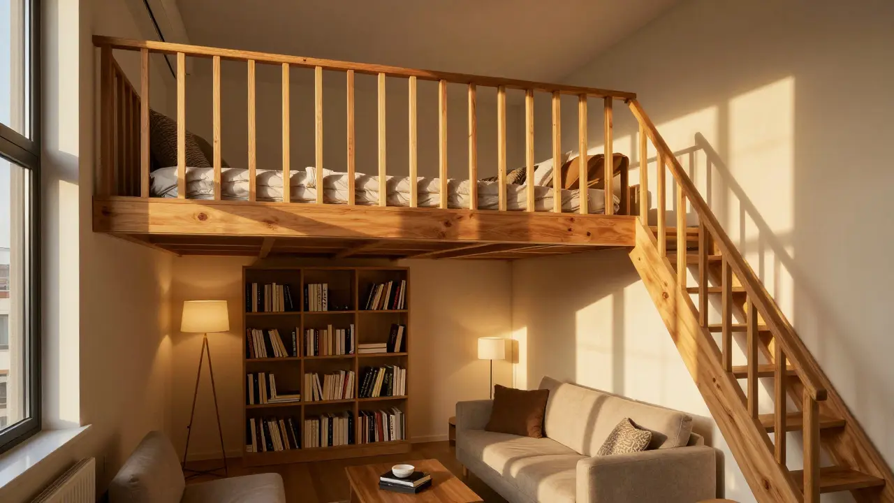 Uspořádaný relaxační koutek pod vyvýšeným ložem s zábradlím