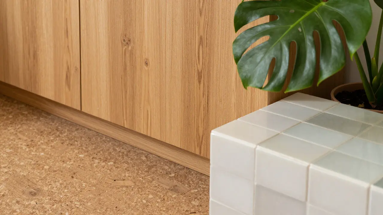 Detail udržitelných materiálů: korková podlaha, dřevo a recyklovaná skla s rostlinou