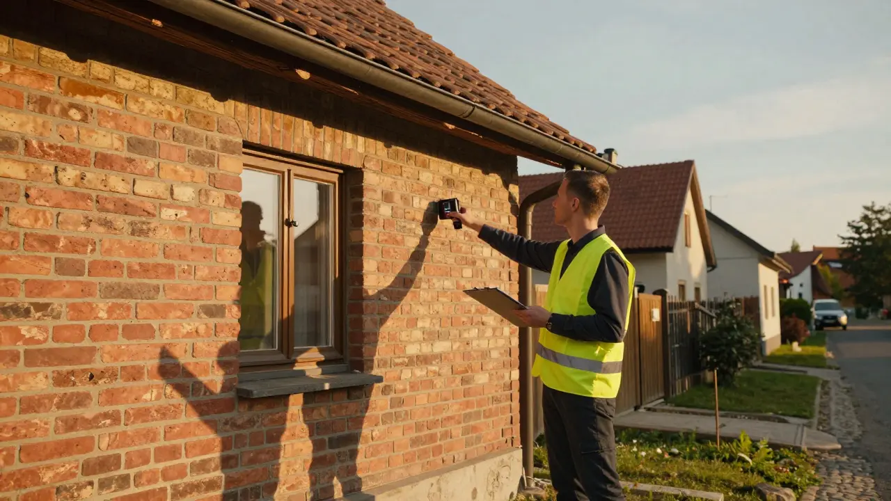 Energetický specialista provádí inspekci fasády rodinného domu