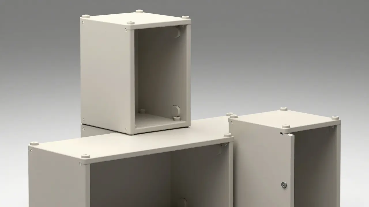Konceptuální zobrazení otočných modulárních boxů v různých konfiguracích