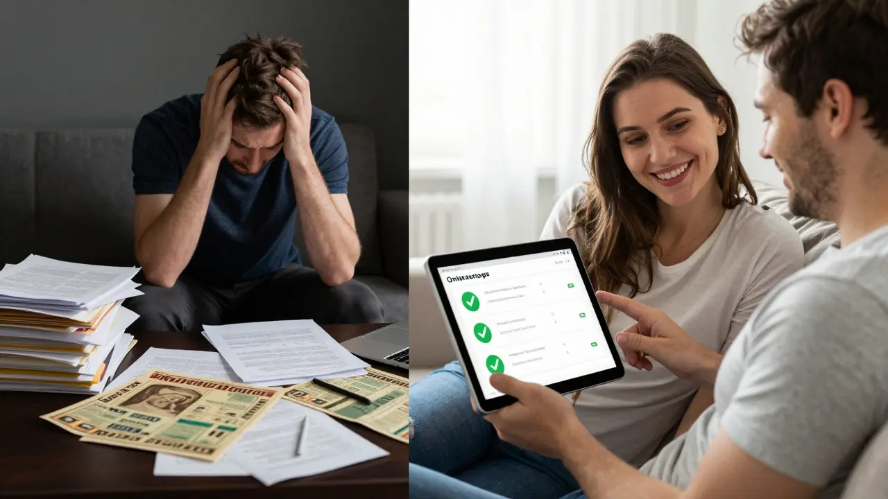 Porovnání stresu z papírů a klidu při online výběru