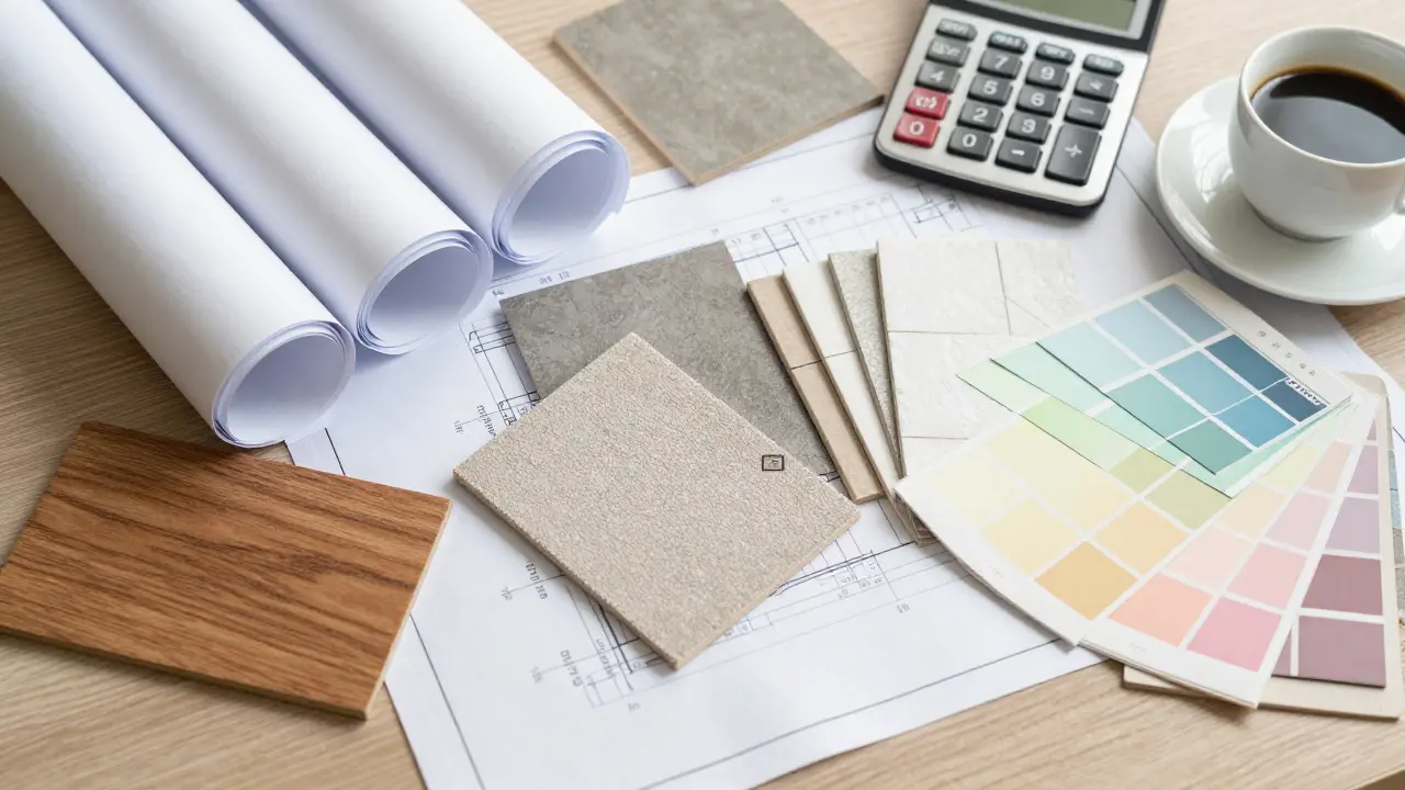 Pracovní stůl s vzorky materiálů, plány a kalkulačkou