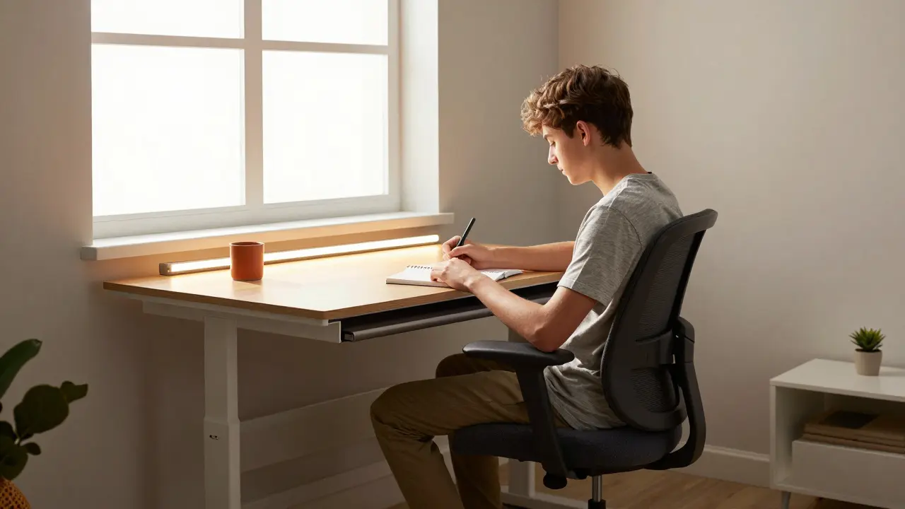 Teenager soustředěně pracuje u ergonomického stolu v klidném prostředí