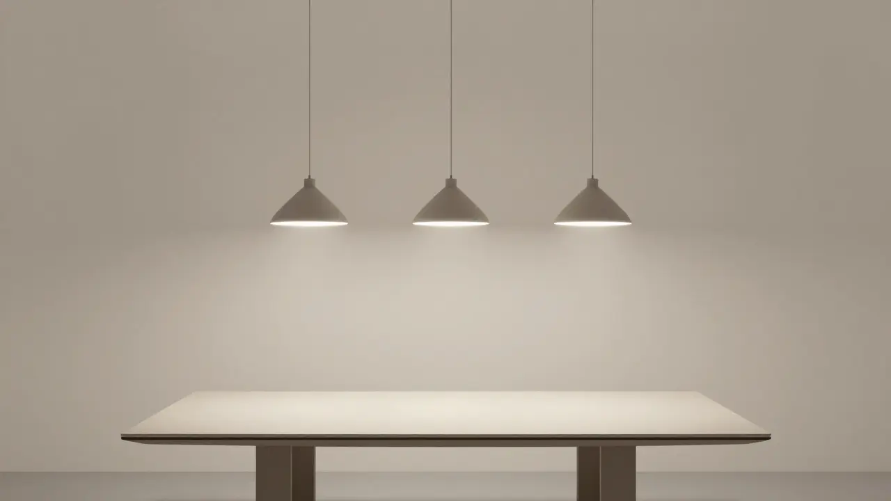 Tři závěsné lampy nad obdélníkovým jídelním stolem
