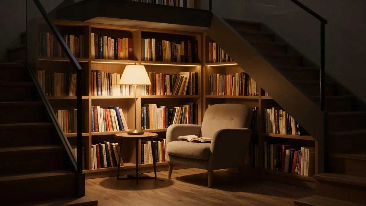 Útulný relaxační kout s knihovnou pod schodištěm