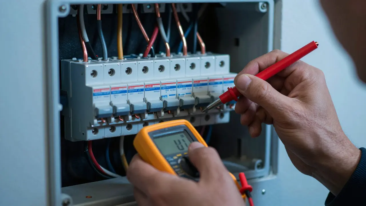 Detail elektrické instalace s varováním před riziky pro laiky