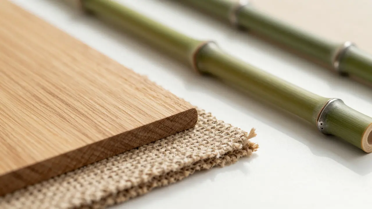 Detail přírodních materiálů jako dřevo, bambus a juta na bílém pozadí