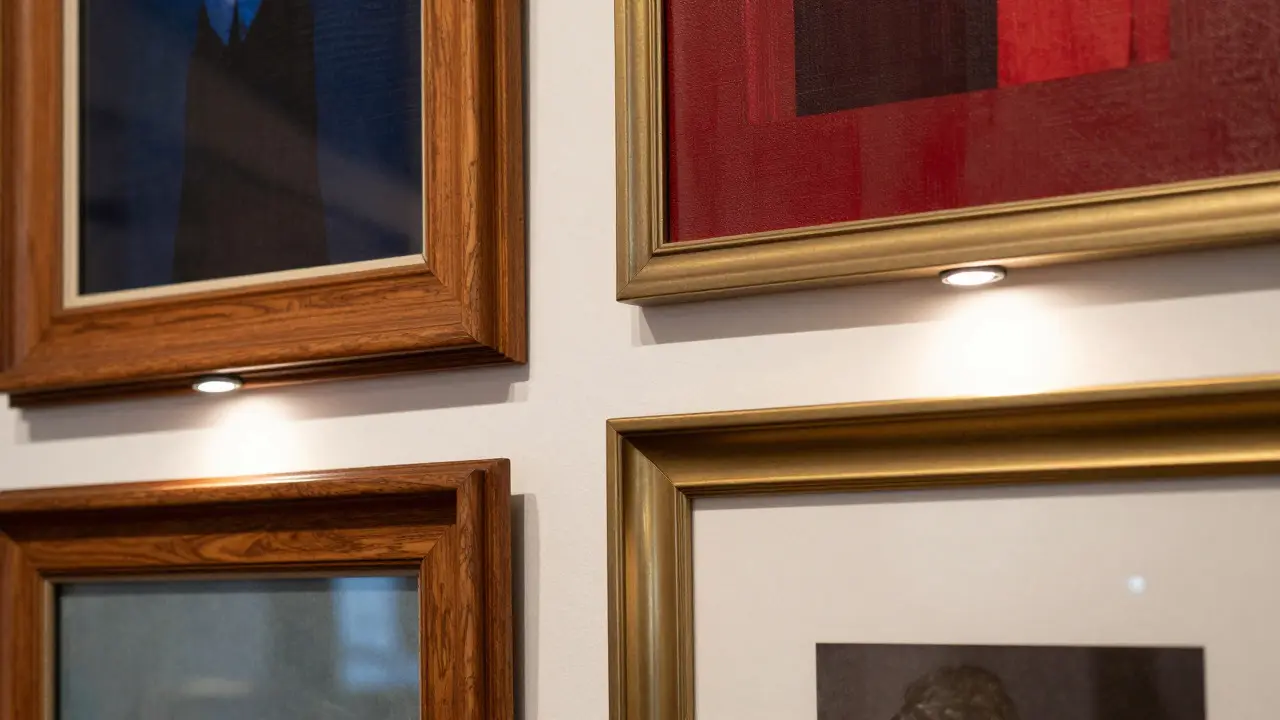 Detailní záběr na různé textury rámu a osvětlení obrazů na stěně