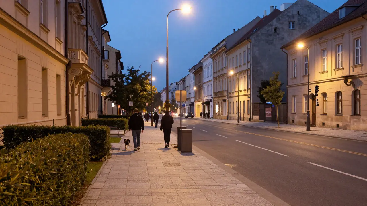 Dobře osvětlená a udržovaná ulice večer vyzařující pocit klidu
