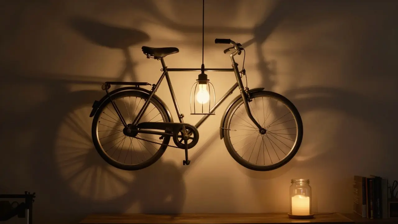 Lampa vyrobená z rámu starého kola skvělí se v interiéru
