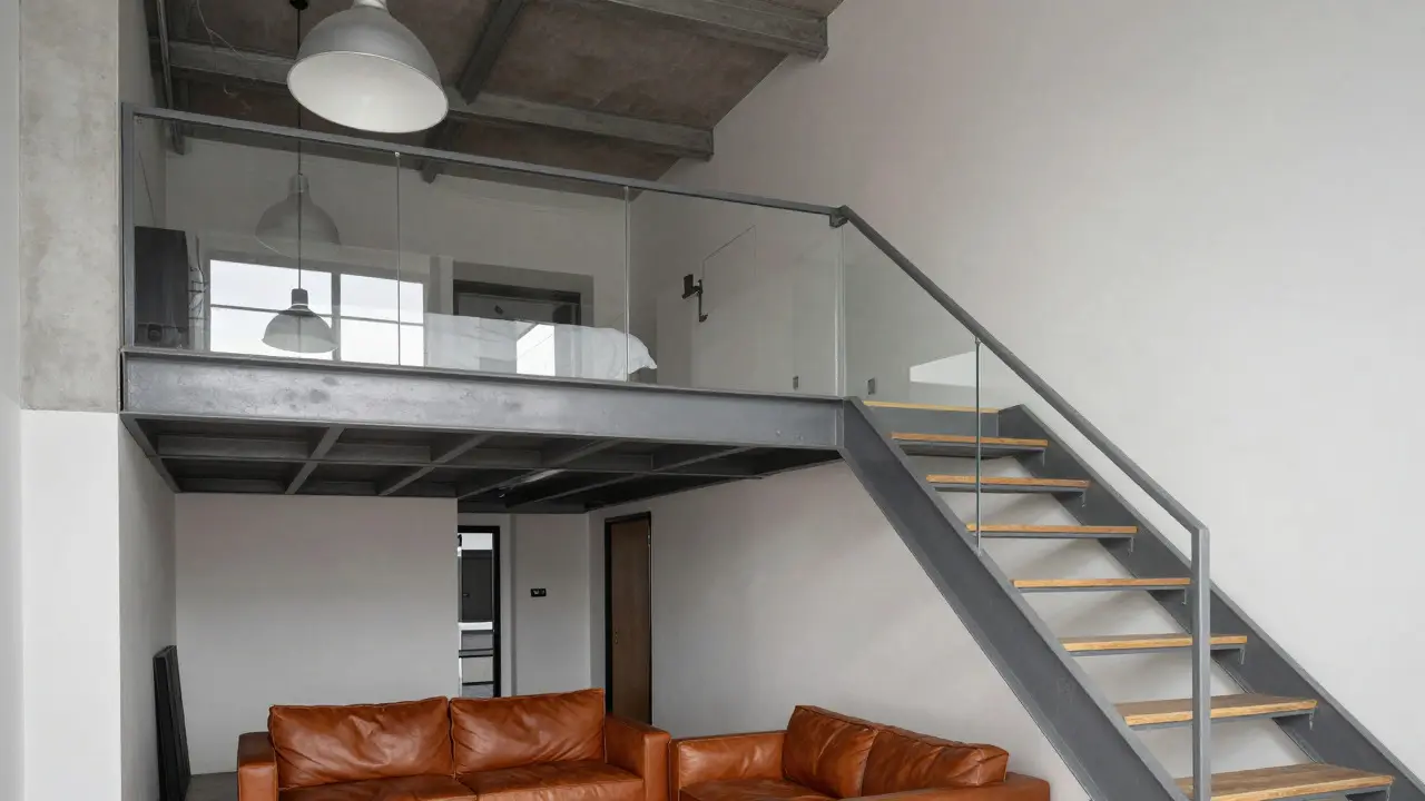 Loft s mezaninovým patrem, ocelovým schodištěm a otevřeným prostorem