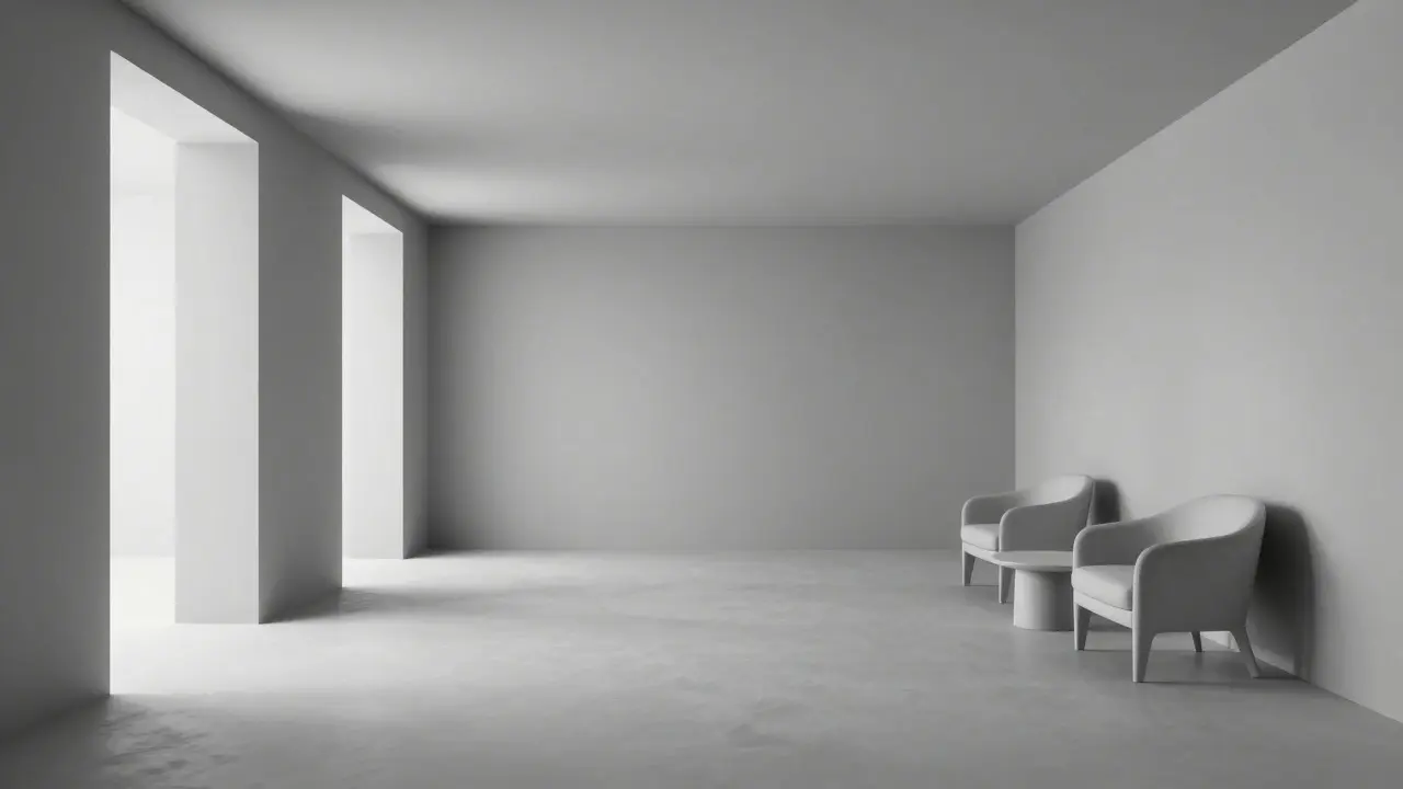 Monochromatický šedobílý interiér s minimalistickým nábytkem a zrcadly