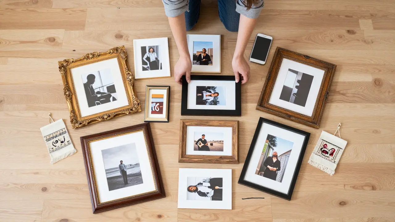 Pohled shora na plánování rozložení rámů na podlaze pro vytvoření galerie