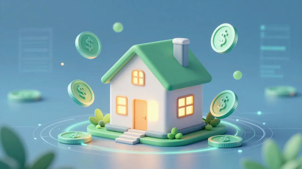 Abstract illustration of a glowing house surrounded by energy savings symbols