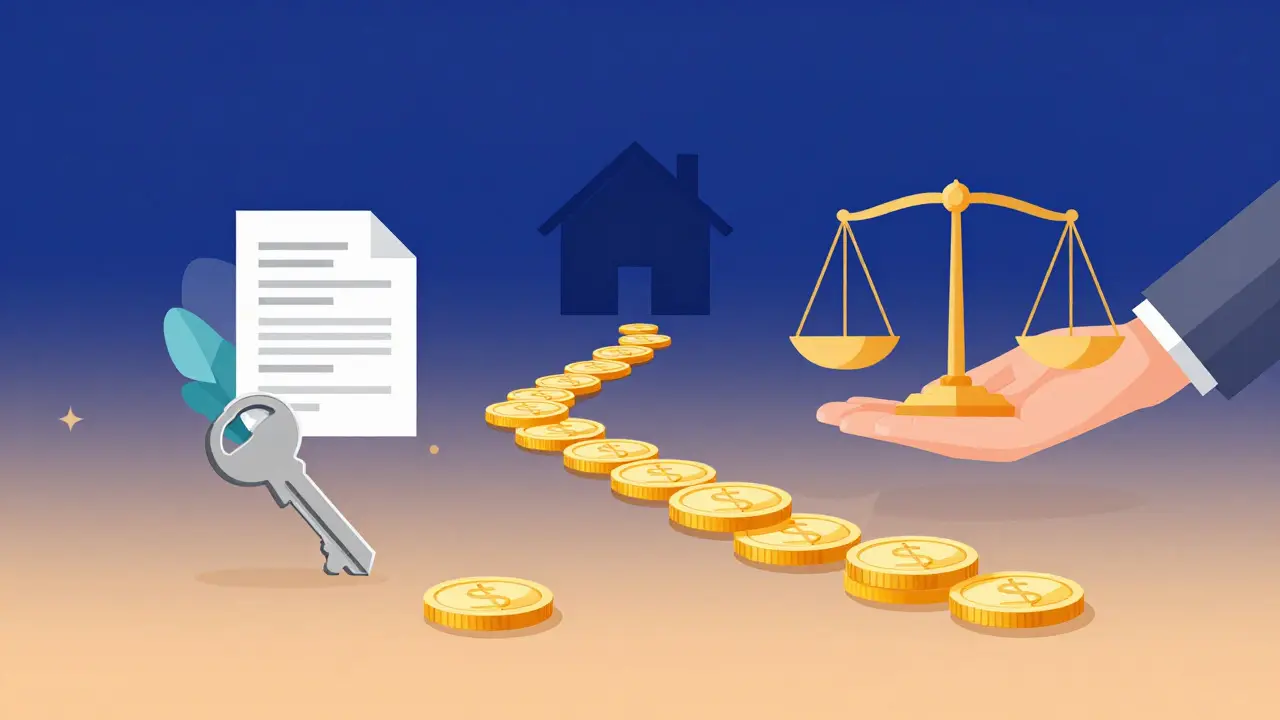 Abstraktní ilustrace cesty k koupi domu s finančními symboly