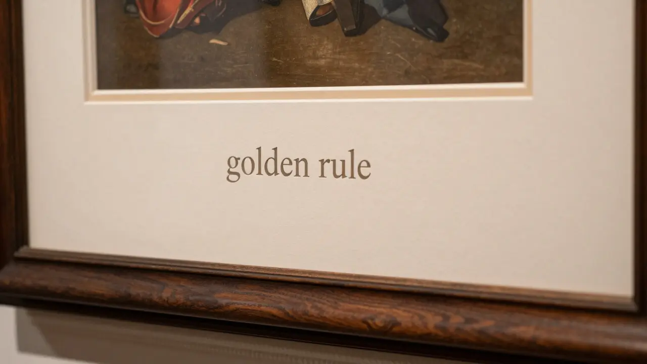 Close-up of framed art with wide beige matting and ornate frame