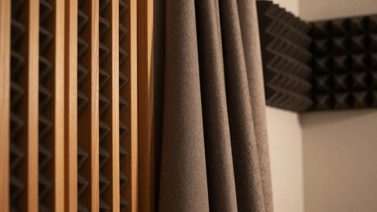 Close-up of wooden slat panels and fabric acoustic materials on a wall