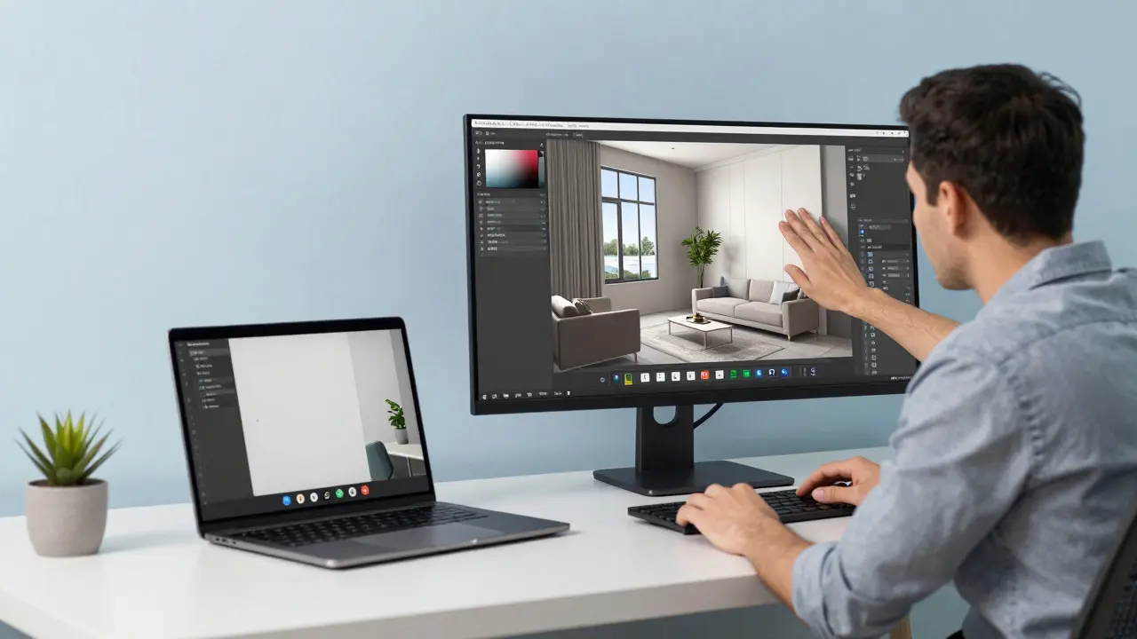 Designér pracující na 3D modelu interiéru během online konzultace