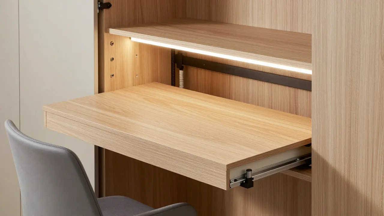 Detail vysouvacího stolu z vestavěné skříně s LED osvětlením a úpravou kabelů