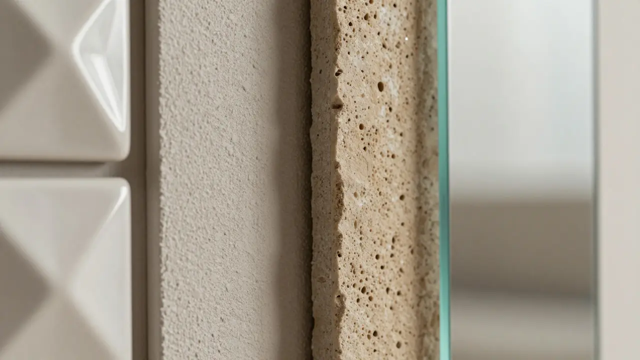 Detailní záběr různých materiálů pro 3D obklady: keramika, kámen, sklo a sádrokarton